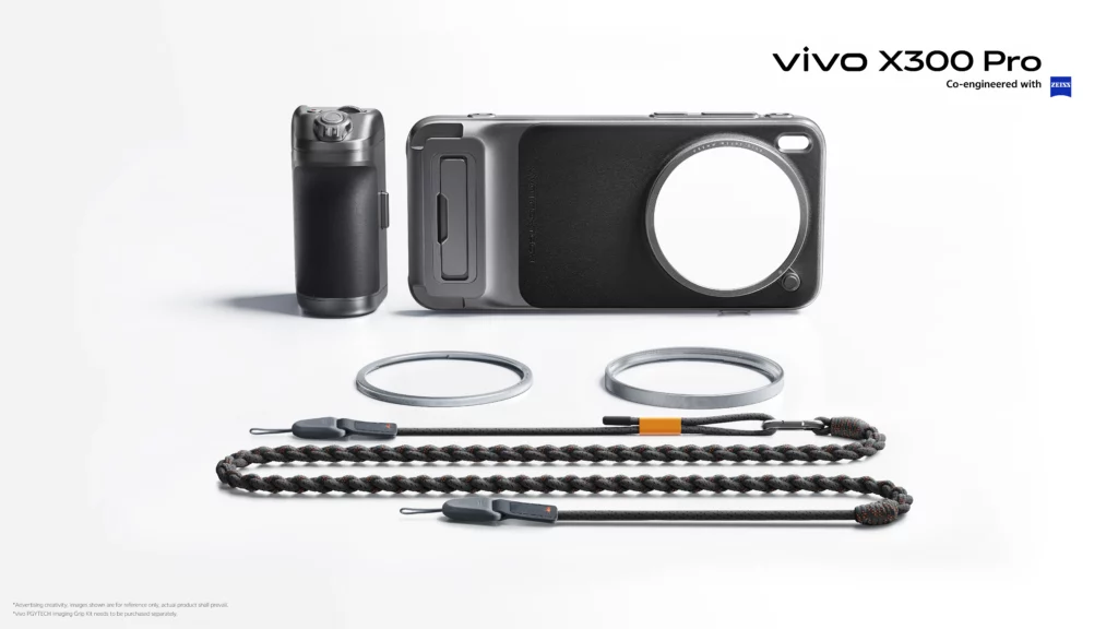 A product layout of the vivo PGYTECH Imaging Grip Kit components, including a dedicated smartphone case with a textured back, a detachable camera-style hand grip with physical buttons, two filter adapter rings, and a long braided neck strap with quick-release hooks.