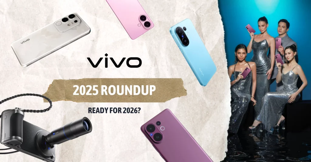 A "2025 Roundup" graphic for vivo Philippines featuring various smartphone models and a group of celebrity ambassadors posing with the devices.