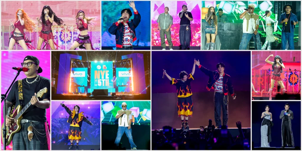 A large grid collage featuring twelve different photos taken during the "NYE at the 5th" event. The images include close-ups of various performers in colorful costumes, wide shots of the stage with "vivo" branding, and candid moments of singers interacting with the crowd, all showcasing the versatile focal lengths of the mobile camera.