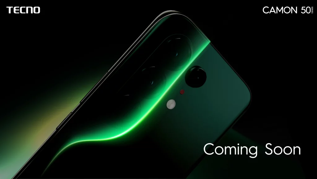 A dramatic, low-light teaser image of the TECNO CAMON 50 Series smartphone. The image highlights the phone's top corner and camera module with a vibrant, glowing neon green streak of light tracing the curved edge of the device. The text "Coming Soon" appears in the bottom right corner.