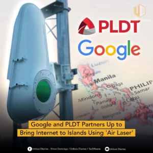 A promotional graphic featuring the logos of PLDT and Google overlaid on a map of the Philippines. On the left is the Taara "air laser" terminal. A yellow text box at the bottom reads: "Google and PLDT Partners Up to Bring Internet to Islands Using 'Air Laser'."