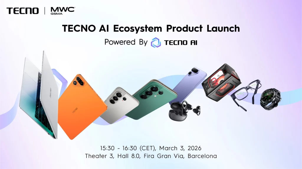 Promotional poster for the "TECNO AI Ecosystem Product Launch" at MWC 2026. A variety of sleek gadgets float across a light purple background, including a laptop, an orange tablet, smartphones in silver, green, and purple, wireless earbuds, a desktop PC, smart glasses, and a smartwatch. The text at the bottom specifies the event time as 15:30 – 16:30 (CET) on March 3, 2026, in Barcelona.
