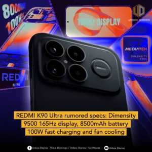 REDMI K90 Ultra rumored specs: Dimensity 9500, 165Hz display, 8500mAh battery, 100W fast charging and fan cooling.