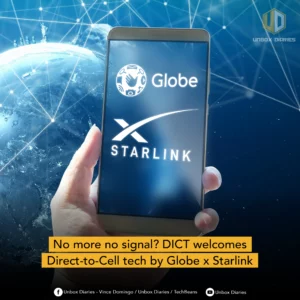 A hand holding a smartphone against a background of a glowing earth and digital network lines. The phone screen displays the Globe and Starlink logos. A yellow banner at the bottom reads: "No more no signal? DICT welcomes Direct-to-Cell tech by Globe x Starlink." The image includes "Unbox Diaries" branding.
