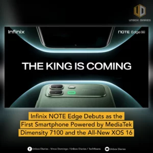 A social media graphic from Unbox Diaries featuring the Infinix NOTE Edge 5G. The top half shows the "THE KING IS COMING" teaser. The bottom half has a yellow banner announcing the phone as the first to be powered by the MediaTek Dimensity 7100 and XOS 16.