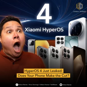 A YouTube thumbnail featuring tech creator Vince Domingo from Unbox Diaries with a shocked expression. Large text reads "4 Xiaomi HyperOS" and "HyperOS 4 Just Leaked: Does Your Phone Make the Cut?". The background shows several flagship Xiaomi smartphones and a tablet arranged in a fan-like display.