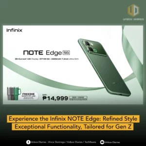 A review-style promotional image from Unbox Diaries featuring the Infinix NOTE Edge 5G. It uses a large yellow banner at the bottom that reads: "Experience the Infinix NOTE Edge: Refined Style, Exceptional Functionality, Tailored for Gen Z".