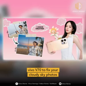 A digital poster titled "vivo V70 to fix your cloudy sky photos," showcasing the AI Magic Weather feature and the sleek design of the vivo V70 5G.