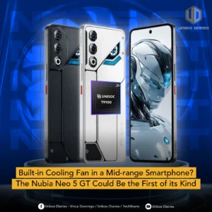 A promotional image featuring three views of the nubia Neo 5 GT: the back of a black model, the back of a silver model, and the front display showing a futuristic robotic wallpaper. A purple chip icon labeled "UNISOC T9100 5G" is overlaid on the silver phone's back. The bottom of the image features a yellow banner with the headline: "Built-in Cooling Fan in a Mid-range Smartphone? The Nubia Neo 5 GT Could Be the First of its Kind". Logos for "Unbox Diaries" and social media handles are visible at the top right and bottom.