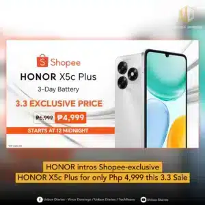 A promotional graphic for the HONOR X5c Plus Shopee 3.3 Sale. The image shows the rear and front of a silver smartphone with a triple-camera setup and a "3-Day Battery" tagline. Text highlights a "3.3 EXCLUSIVE PRICE" of ₱4,999, down from the SRP of ₱6,999, starting at 12 midnight. At the bottom, a yellow banner reads "HONOR intros Shopee-exclusive HONOR X5c Plus for only Php 4,999 this 3.3 Sale".
