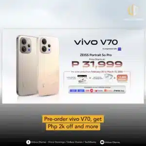 A promotional graphic for the vivo V70 5G showcasing the device in Alpine Gray and Golden Hour finishes. The text highlights "ZEISS Portrait So Pro" and a starting price of P 31,999. It details a pre-order period from February 28 to March 13, 2026, including a free vivo VIP Card, vivo Buds Air3, and a P 2,000 discount.