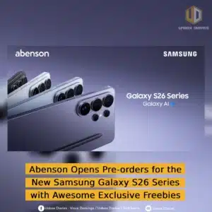 A high-resolution public relations header featuring the Samsung Galaxy S26 Series against a soft purple background with the "Galaxy AI" logo. The image shows a close-up profile of three phones in the series, highlighting their multi-lens camera systems and sleek metallic edges. A bold yellow text block at the bottom reads: "Abenson Opens Pre-orders for the New Samsung Galaxy S26 Series with Awesome Exclusive Freebies". The Unbox Diaries logo is visible in the top right corner.