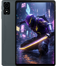 Front and back view of the Black Shark Gaming Tablet. The back features a matte grey finish with industrial geometric lines and a dual-camera module. The screen displays a vibrant, high-definition wallpaper of a futuristic cyber-ninja character in a purple suit, wielding a glowing orange katana in a neon city setting.