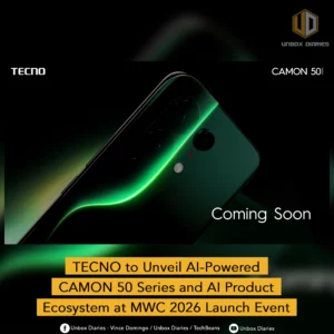 A tech news graphic from "Unbox Diaries" featuring the teaser for the TECNO CAMON 50 Series. Below the dark image of the phone, there are three prominent yellow text boxes that read: "TECNO to Unveil AI-Powered," "CAMON 50 Series and AI Product," and "Ecosystem at MWC 2026 Launch Event."