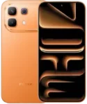A front and back view of the Infinix NOTE 60 Pro in a vibrant sunset orange. The rear camera module is a large, rounded square housing three lenses and a flash. The front display features a dark, abstract wallpaper with a centered punch-hole camera.
