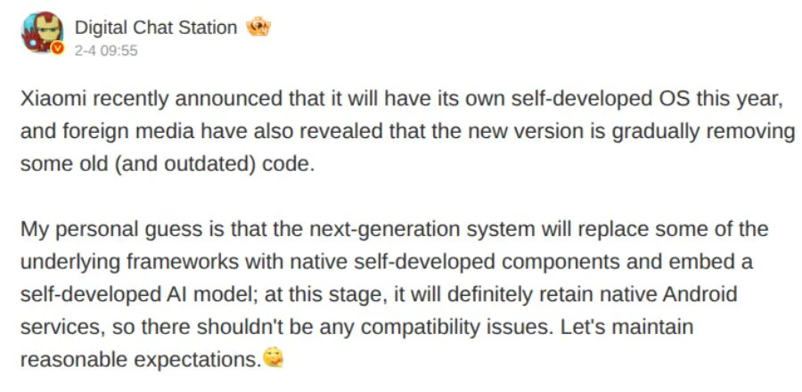 A screenshot of a social media post from Digital Chat Station discussing Xiaomi's self-developed OS. The text suggests that the next-generation system is removing outdated code, replacing underlying frameworks with native components, and embedding a self-developed AI model while maintaining Android compatibility.