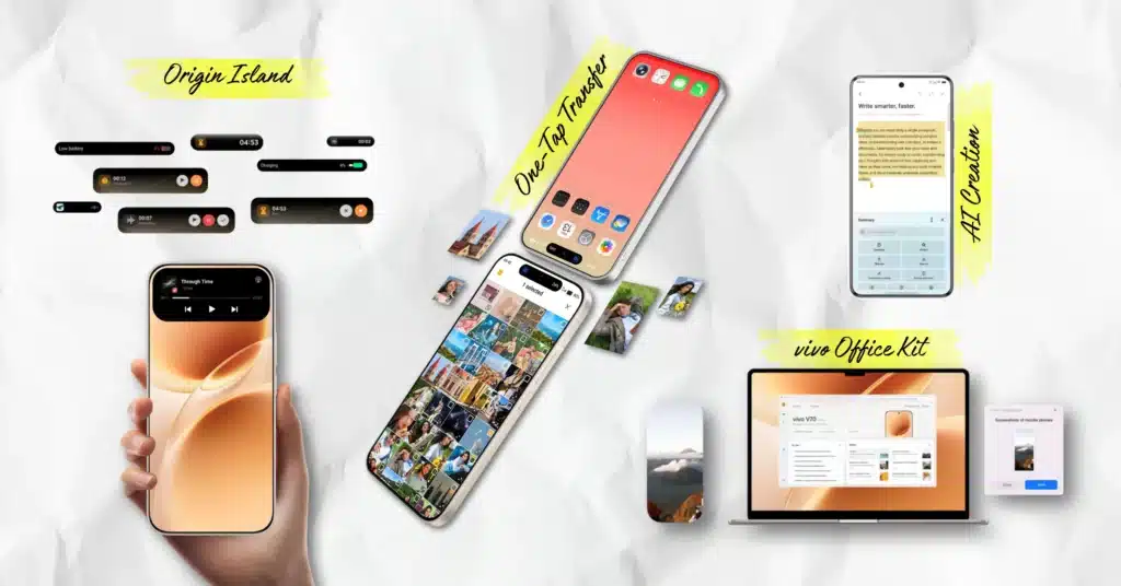 An infographic displaying the software capabilities of OriginOS 6 on the vivo V70 5G. Features shown include Origin Island for real-time notifications, One-Tap Transfer for file sharing, AI Creation for smarter writing, and the vivo Office Kit for cross-device productivity between the phone and a laptop.