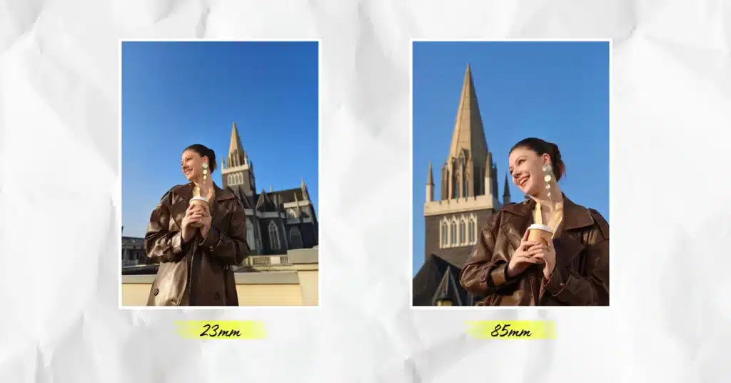 A side-by-side comparison of two portrait photos taken with the vivo V70 5G. The left image shows a wide 23mm shot of a woman in front of a cathedral under a clear blue sky, while the right image shows a compressed 85mm portrait focusing on the subject with professional background bokeh.