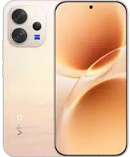 Front and back view of the vivo V70 5G in Golden Hour. The front features a large, flat display with ultra-thin bezels and a centered punch-hole selfie camera. The back highlights a smooth gradient finish with a prominent triple-camera module co-engineered with ZEISS.