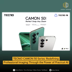 A social media graphic from Unbox Diaries featuring the TECNO CAMON 50 Series. The image displays the same three smartphones and technical specs as the first photo, with a large yellow caption at the bottom: "TECNO CAMON 50 Series: Redefining Professional Imaging Through the Power of Practical AI".