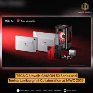 A promotional banner for MWC 2026 featuring the TECNO and Tonino Lamborghini logos. The image showcases a collection of co-branded products on a red and black background, including two silver tablets or laptops, two smartphones (one red, one black) with vertical light strips, a small silver charging case with earbuds, and a tall, "Taurus" branded gaming PC with glowing red internal components. Below the product shot, a large yellow text box reads: "TECNO Unveils CAMON 50 Series and Tonino Lamborghini Collaboration at MWC 2026."