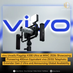 A promotional graphic featuring a professional camera rig equipped with a long silver lens, a top-mounted light, and side grips, positioned in front of a glowing blue "vivo" logo. Below the image, a yellow banner reads: "vivo Unveils Flagship X300 Ultra at MWC 2026: Showcasing Pioneering 400mm Equivalent vivo ZEISS Telephoto Extender Gen 2 Ultra and Announcing Global Availability".