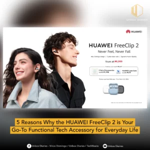 A promotional graphic from Unbox Diaries featuring the HUAWEI FreeClip 2 banner. Below the product image, a yellow highlighted header reads, "5 Reasons Why the HUAWEI FreeClip 2 is Your Go-To Functional Tech Accessory for Everyday Life," along with social media handles for Vince Domingo and TechBeans.