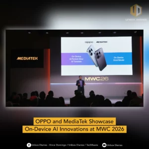A social media graphic by Unbox Diaries featuring the MWC 2026 keynote stage. The bottom of the image has a yellow banner that reads, "OPPO and MediaTek Showcase On-Device AI Innovations at MWC 2026".