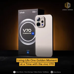 A square version of the promotional banner including the "Unbox Diaries" logo in the top right and social media handles for Vince Domingo and TechBeans at the bottom.