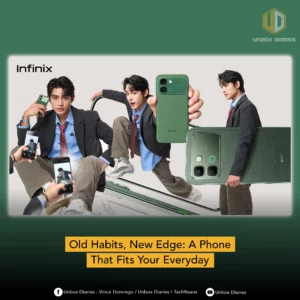 A promotional graphic for "Unbox Diaries" featuring the collage of Mark Ian and the Silk Green Infinix NOTE Edge. The image includes the Infinix logo in the top left and the Unbox Diaries logo in the top right. A yellow text box at the bottom reads, "Old Habits, New Edge: A Phone That Fits Your Everyday." Social media handles for Unbox Diaries and TechBeans are listed at the very bottom.