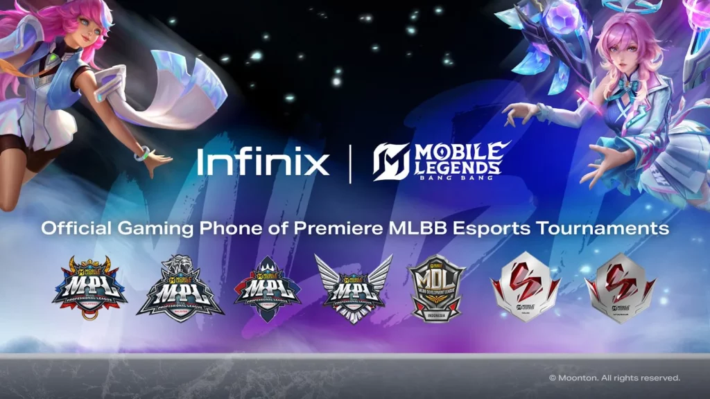 A high-resolution landscape banner featuring the Infinix and Mobile Legends: Bang Bang logos centered against a cosmic blue and purple background. The text reads "Official Gaming Phone of Premiere MLBB Esports Tournaments." The bottom row showcases the official crests for regional leagues: MPL (Philippines, Malaysia, Cambodia, Indonesia), MDL Indonesia, and MSL (Thailand, Myanmar).