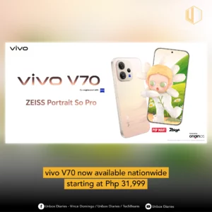 A promotional banner for the vivo V70 smartphone, featuring the device with its ZEISS-branded triple camera system. The text "ZEISS Portrait So Pro" is displayed prominently. On the right, the screen shows a vibrant illustration of the POP MART character Zsiga in a flowery field. The bottom includes a yellow bar stating "vivo V70 now available nationwide starting at Php 31,999."
