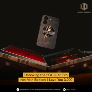 A square hero shot of the POCO X8 Pro Iron Man Edition suspended in air with its box beneath it. A logo of Unbox Diaries can be found on the top right and a yellow box containing the sentence "Unboxing the POCO X8 Pro Iron Man Edition: I Love You 3,000" can be found at the bottom.