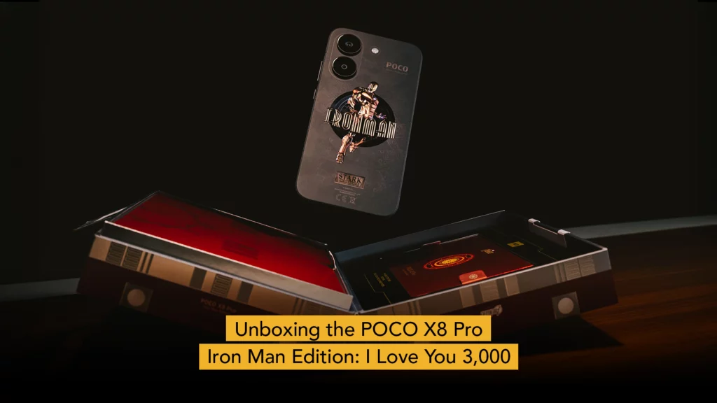 A rectangular hero shot of the POCO X8 Pro Iron Man Edition suspended in air with its box beneath it. A logo of Unbox Diaries can be found on the top right and a yellow box containing the sentence "Unboxing the POCO X8 Pro Iron Man Edition: I Love You 3,000" can be found at the bottom.
