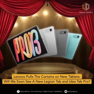 Thumbnail showing the Lenovo Xiaoxin Pro 13 tablet in an arc position showing a silver, gray, and blue green colorways in the middle of a curtain.