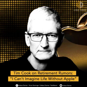 A graphic featuring a stylized, high-contrast black and white portrait of Apple CEO Tim Cook against a background of gold-lit dots. A gold Apple logo is partially visible on the right. A yellow text box at the bottom reads: "Tim Cook on Retirement Rumors: 'I Can’t Imagine Life Without Apple.'"