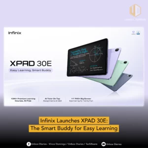 A promotional banner for the Infinix XPAD 30E tablet. The image shows three tablets in different colors (Light Purple, Mint Green, and Dark Grey) floating diagonally. The main tablet displays a lesson on "Trigonometry: Study of Triangles & Angles" with geometric diagrams. Text highlights include "120K+ Premium Learning Courses," "AI Tutor On Tap," and an "11-inch FHD+ Big Screen."