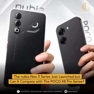 A comparison graphic from Unbox Diaries featuring two smartphones held side-by-side. On the left is the nubia Neo 5 GT, showing a black textured back with a triple-lens camera system arranged vertically in hexagonal housings and futuristic "Neo 5 Pro" and "Born to Win" inscriptions. On the right is the POCO X8 Pro, showcasing a sleek matte black finish with two large circular camera lenses and a smaller flash. A yellow text box at the bottom asks, "The nubia Neo 5 Series Just Launched but Can It Compete with The POCO X8 Pro Series?" Logos for Facebook and YouTube are visible at the very bottom.