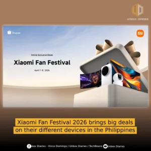 A social media graphic for "Xiaomi Fan Festival 2026" featuring an open gift box filled with Xiaomi products including a curved monitor, a smartphone, a smart camera, and a TV. The image includes branding for Shopee, Xiaomi, and Unbox Diaries, with a yellow text overlay at the bottom stating: "Xiaomi Fan Festival 2026 brings big deals on their different devices in the Philippines."