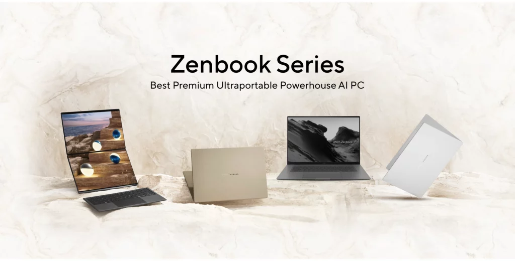 A banner image showcasing the 2026 ASUS Zenbook Series against a textured white marble-like background. The text "Zenbook Series: Best Premium Ultraportable Powerhouse AI PC" is centered at the top. From left to right: the dual-screen Zenbook DUO in an upright setup, the Zenbook A16 in Zabriskie Beige (closed), the Zenbook S14 in Antrim Gray (open), and another Zenbook model shown at a floating angle.