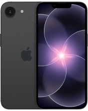 A product render of the iPhone 17e in a dark matte finish. The rear view highlights a single-lens camera system with an LED flash. The front view showcases a full-screen display with slim bezels and a notch at the top. The screen displays a glowing purple abstract geometric wallpaper.