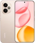 The image showcases the front and back of the HONOR 400 5G in a sleek champagne gold finish. The front features a large, flat display with minimal bezels and a centered punch-hole selfie camera, displaying an abstract wallpaper of soft pink and orange bubbles. On the rear, the device sports a distinctive circular camera module in the top-left corner housing two large vertical lenses and a small LED flash. The overall design is modern and minimalist, characterized by flat metallic-looking edges and the vertical "HONOR" logo positioned at the bottom-left of the matte back panel.