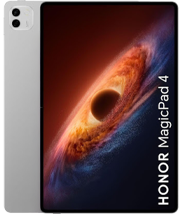 Front and back view of the HONOR MagicPad 4 tablet. The back is a sleek silver with a dual-camera module, while the display shows a vibrant, cosmic-themed wallpaper featuring a glowing orange and blue black hole.