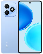 A blue Honor X8d smartphone viewed from an angle. The back features a prominent circular triple-camera module, and the front shows the full-screen display with a punch-hole camera.