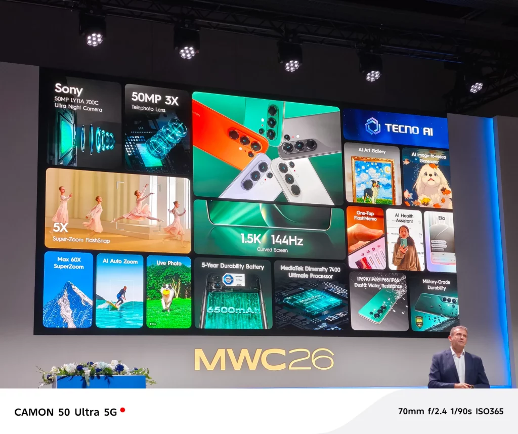 A feature summary slide for the Tecno Camon 50 Ultra 5G. The "grid" style graphic highlights specifications including a Sony 50MP LYTIA 700C camera, 50MP 3X Telephoto lens, 60X SuperZoom, a 1.5K 144Hz curved screen, MediaTek Dimensity 7400 Ultimate processor, and a 6500mAh battery. It also features "Tecno AI" capabilities like AI Art Gallery and Health Assistant.