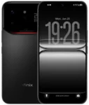 A product render showing the Infinix NOTE 60 Ultra in a dark gray/black color. The rear panel has a diagonal textured pattern and a prominent black glass camera module at the top housing multiple lenses. The front display features thin bezels and a lock screen displaying the time 19:26.