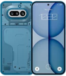 Front and back view of a teal-blue Nothing Phone (4a) with an industrial, semi-transparent design. The back has a centered, horizontal pill-shaped camera module with two lenses, surrounded by decorative screws and internal component textures. The front features a flat screen with a blue-toned abstract bubble wallpaper and a centered selfie camera.