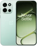 A front and back view of the OnePlus Nord 6 in a pale mint green color. The back features a square camera island with four circular elements arranged in a grid: three large camera lenses and one LED flash. The iconic OnePlus logo is centered on the rear. The front displays a slim-bezel screen with a centered punch-hole camera and a green-hued wallpaper featuring the "Never Settle" slogan.