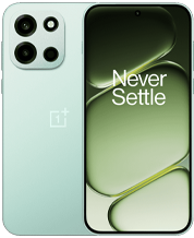 A front and back view of the OnePlus Nord 6 in a pale mint green color. The back features a square camera island with four circular elements arranged in a grid: three large camera lenses and one LED flash. The iconic OnePlus logo is centered on the rear. The front displays a slim-bezel screen with a centered punch-hole camera and a green-hued wallpaper featuring the "Never Settle" slogan.