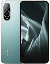 Front and back view of the POCO C85x in a matte mint green color. The back has a distinct pill-shaped black camera module containing two large lenses and a "50MP AI" inscription. The front display features a small U-shaped notch and a dark, abstract flowing-fabric wallpaper.